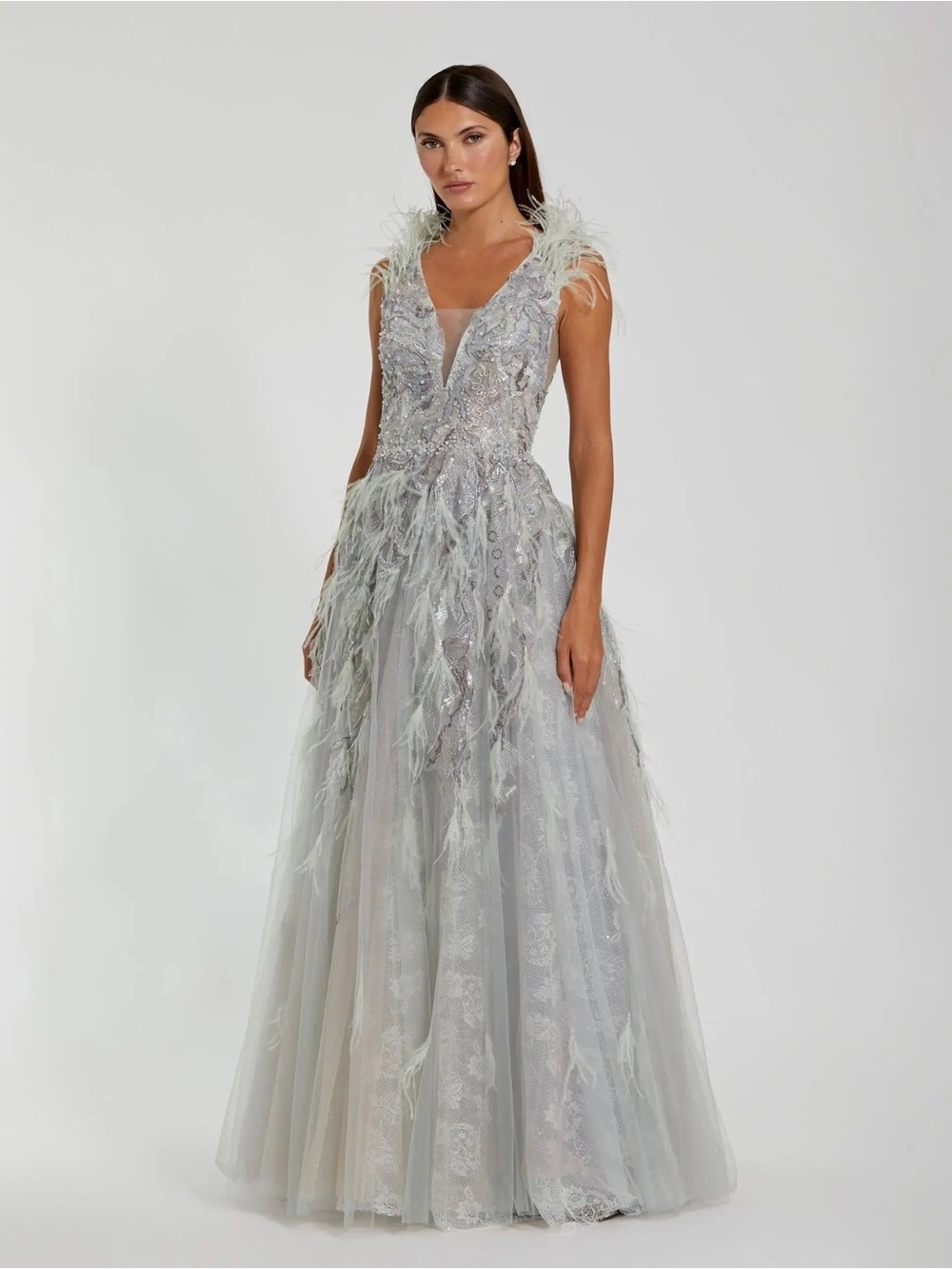 Mac Duggal 20259 Green Embellished Feathered Sleeveless A Line Gown Size 10 NWT